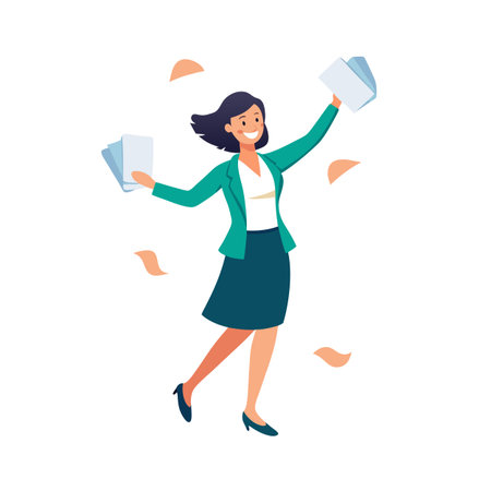 Businesswoman celebrating success with paperwork in hands on white background illustrationのイラスト素材