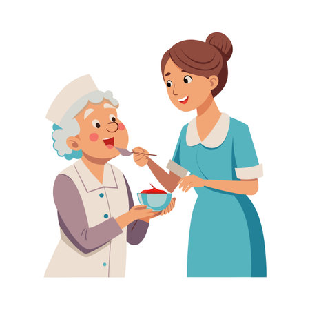 Elderly care: Kind nurse feeding senior woman, fostering comfort and warmthのイラスト素材