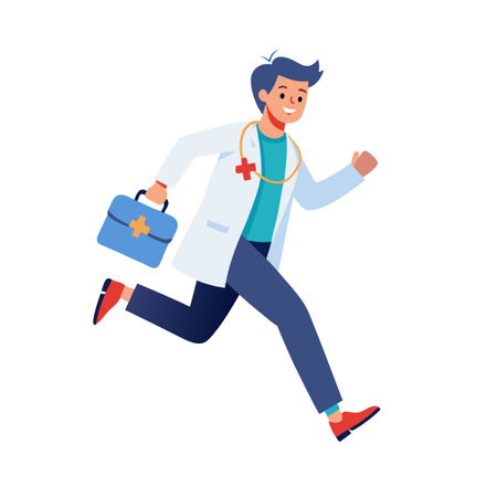 Emergency Doctor Running with Medical Kit Towards the Scene, Urgent Response Illustrationのイラスト素材