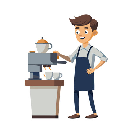 Cartoon barista making coffee with espresso machine in a cafe or shop environmentのイラスト素材