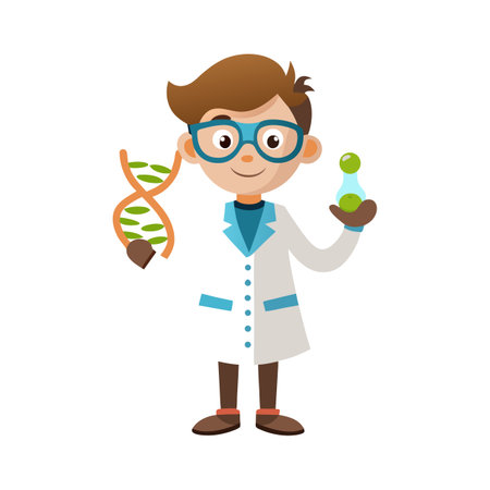 Cartoon scientist with DNA model and Erlenmeyer flask in stylized vector artのイラスト素材
