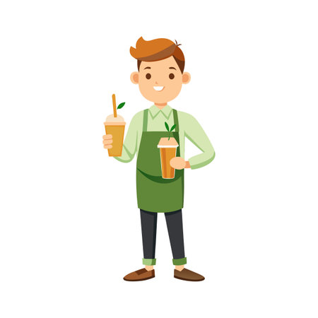 Smiling Barista Holding Two Cups of Tea Illustration for a Cafe or Restaurantのイラスト素材