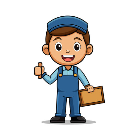Smiling Cartoon Mechanic Character in Overalls Giving a Thumbs Up with Clipboardのイラスト素材