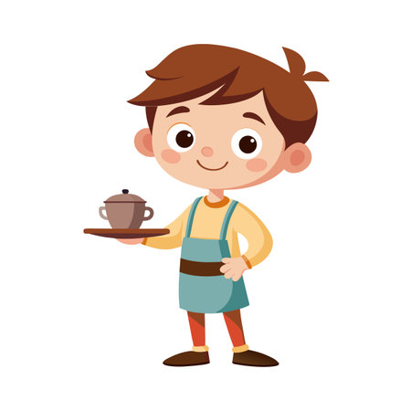 Cartoon boy in apron serving a covered pot on a tray, isolated on white background.のイラスト素材