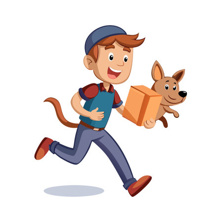 Cartoon delivery guy running with a package while a dog runs happily alongside himのイラスト素材