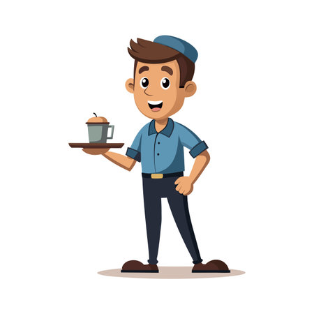 Cartoon waiter character serving beverage with smile on white background illustrationのイラスト素材