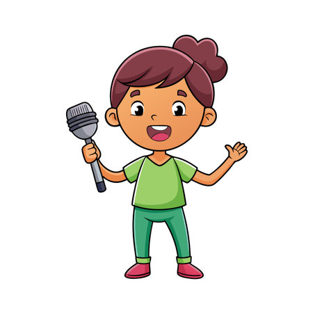 Cartoon girl singing with microphone, happy and cheerful expression, full body illustrationのイラスト素材