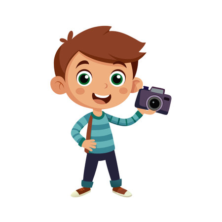 Cartoon boy holding camera in a vibrant, colorful illustration against a white backgroundのイラスト素材