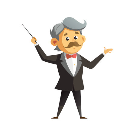 Cartoon Conductor with Baton in Tuxedo Guiding Orchestra Performance with Enthusiastic Gesturesのイラスト素材