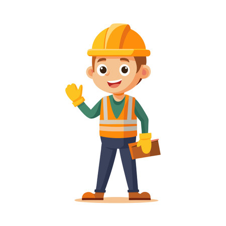 Illustration of a smiling construction worker waving with his work equipment in handのイラスト素材