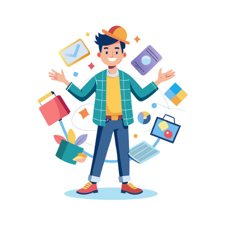 Cheerful man juggling work essentials with a positive attitude in a playful illustrationのイラスト素材