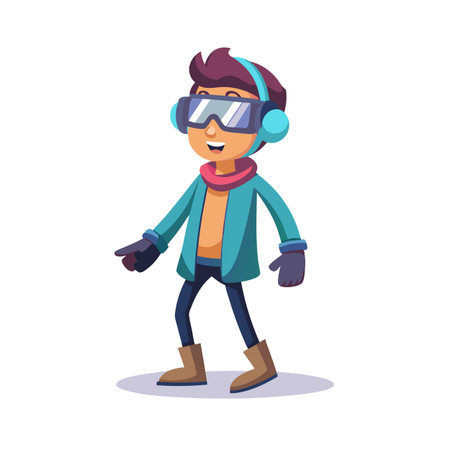 Cartoon character immersed in virtual reality with glasses and headphones on white backgroundのイラスト素材