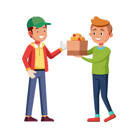 Delivery service illustration showing a delivery man handing a package to a client.のイラスト素材
