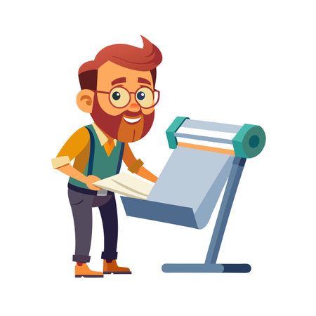 Cartoon man with glasses feeding paper into a printer machine with a happy expressionのイラスト素材
