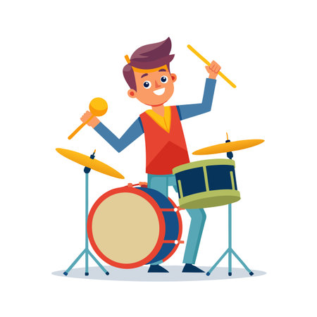 Cartoon drummer playing drums in a vibrant scene, youthful energy, playful art styleのイラスト素材