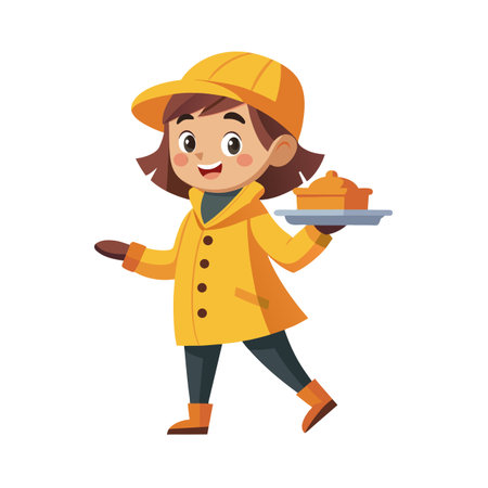 Cartoon girl in yellow raincoat serving food on a tray illustrationのイラスト素材