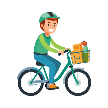 Happy delivery man cycling with goods in basket for ecological delivery conceptのイラスト素材