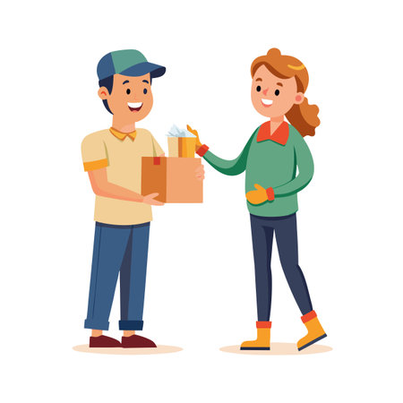 Delivery man passing package to recipient in vector cartoon style, happy customerのイラスト素材