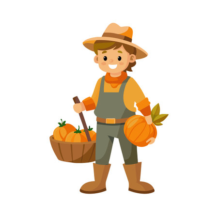 Young farmer holding pumpkin and basket full of pumpkins, harvesting in flat illustrationのイラスト素材