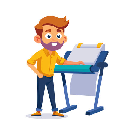 Illustrative man using drafting table for design and engineering work in bright and cheerful colorsのイラスト素材