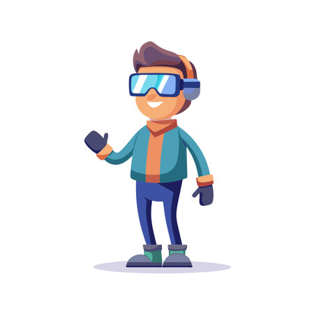 Cartoon Man Character Waving with VR Headset and Winter Clothes on a White Backgroundのイラスト素材