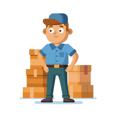 Confident delivery man standing with hands on hips near stack of cardboard boxesのイラスト素材