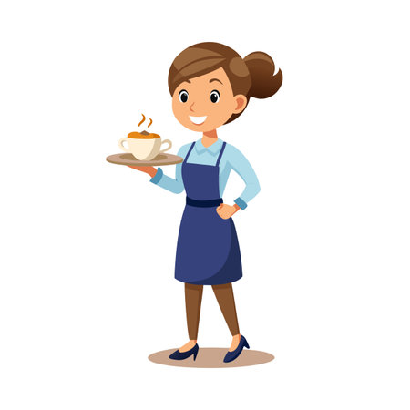 Cartoon Waitress Serving Hot Coffee, Smiling and Professional in a Restaurant or Cafe Settingのイラスト素材
