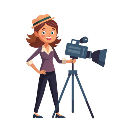 Cartoon woman filming with professional camera on tripod against a white backgroundのイラスト素材