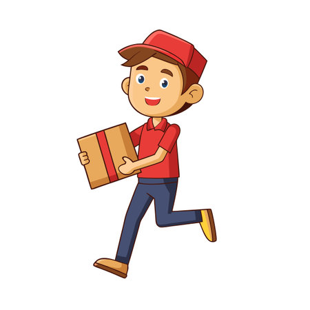 Cartoon delivery boy running with package in hand, isolated on white backgroundのイラスト素材
