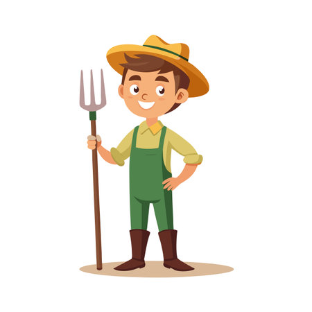 Cheerful Cartoon Farmer Holding Pitchfork with Warm Smile in a Sunny Fieldのイラスト素材