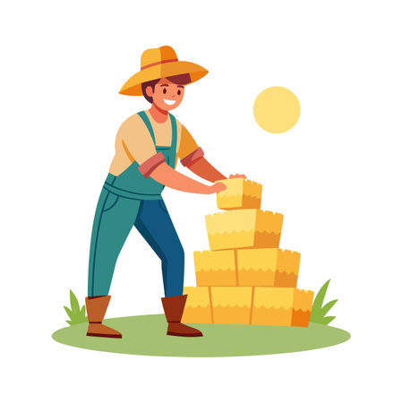 A farmer stacking bales of hay in a sunny field illustrationのイラスト素材