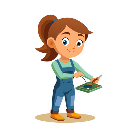 Young girl in overalls painting with watercolors on a palette with a brushのイラスト素材