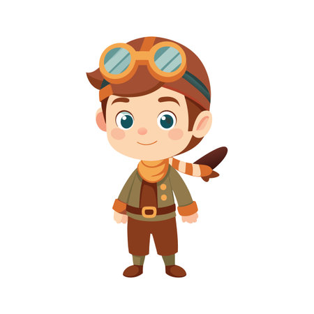 Cartoon boy dressed as aviator with pilot hat, scarf and goggles, full lengthのイラスト素材