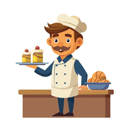 Cartoon Chef Character with Pastries and Croissants for Bakery or Restaurant Illustrationのイラスト素材