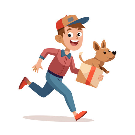 Delivery Boy Running with a Dog in a Box Illustration with Dynamic Motionのイラスト素材
