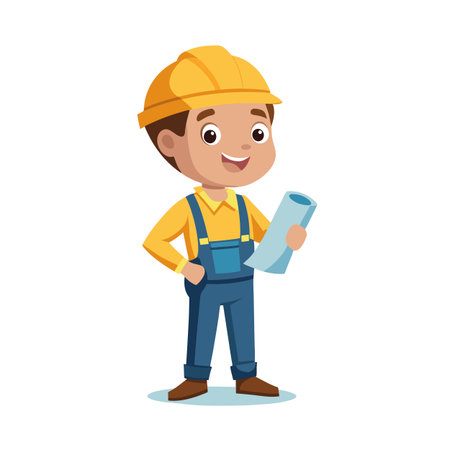 Cartoon construction worker in hard hat holding blueprints and smiling on white backgroundのイラスト素材