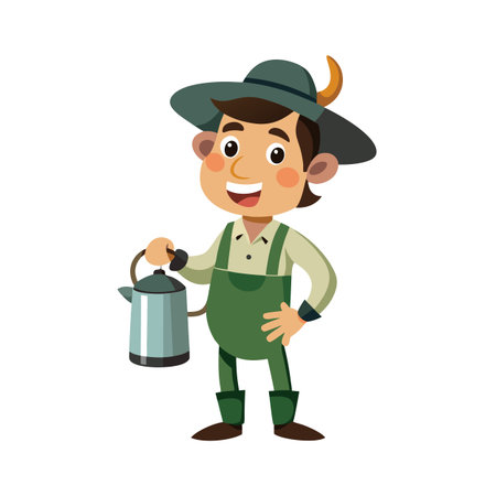 Cartoon man in overalls holding a metal kettle illustration standing on a white backgroundのイラスト素材