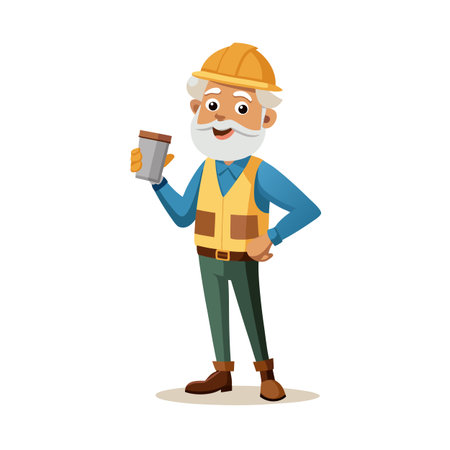 Cartoon illustration of a senior construction worker holding a coffee mug, standing on a white backgroundのイラスト素材
