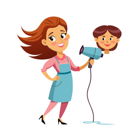 Cartoon Stylist at Work: Happy Hairdresser with Hairdryer and Smiling Client Headのイラスト素材
