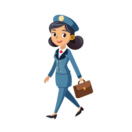 Cartoon woman in uniform confidently walking with briefcase against a white backgroundのイラスト素材