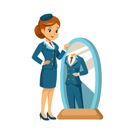 Cartoon stewardess checking her reflection in a mirror, wearing flight uniformのイラスト素材