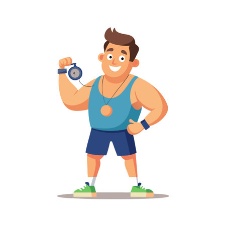 Cartoon personal trainer holding stopwatch with blue tanktop, shorts, and green sneakers against white backgroundのイラスト素材