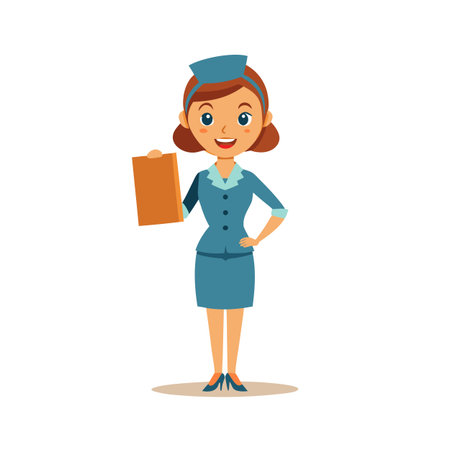 Cheerful cartoon air hostess presenting a clipboard with a smile on her faceのイラスト素材
