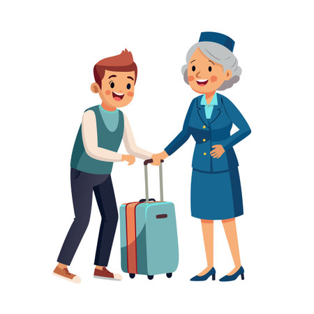 Cartoon illustration of a flight attendant assisting a traveler with luggage in airportのイラスト素材