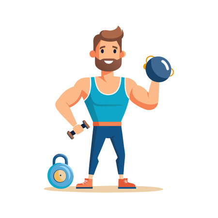 Cartoon Man Exercising with Weights in a Gym, Fitness and Healthy Lifestyle Conceptのイラスト素材