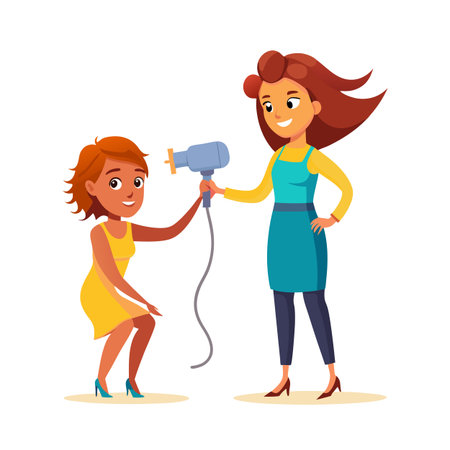 Hairdresser drying customer's hair with blow dryer in beauty salon in cartoon illustrationのイラスト素材