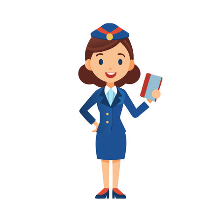 Friendly Cartoon Stewardess in Blue Uniform Holding Passport for Airport or Airline Conceptsのイラスト素材