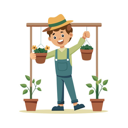 Boy with Hat Holding Flower Pots in Garden on White Background Cartoon Styleのイラスト素材