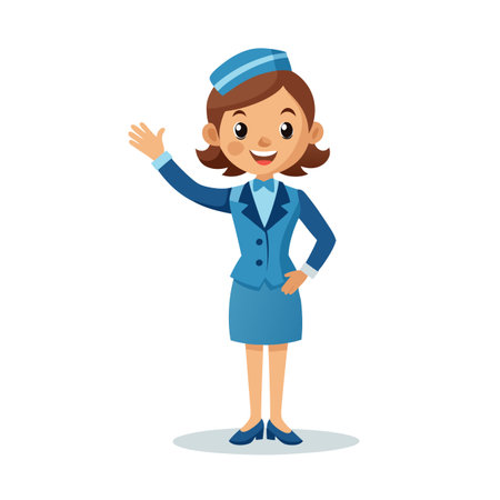Cheerful stewardess in blue uniform waving with a friendly gesture on white backdropのイラスト素材