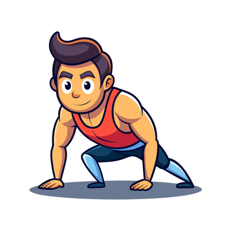 Cartoon Muscular Man Doing Push-ups in Red Tank Top Illustrationのイラスト素材